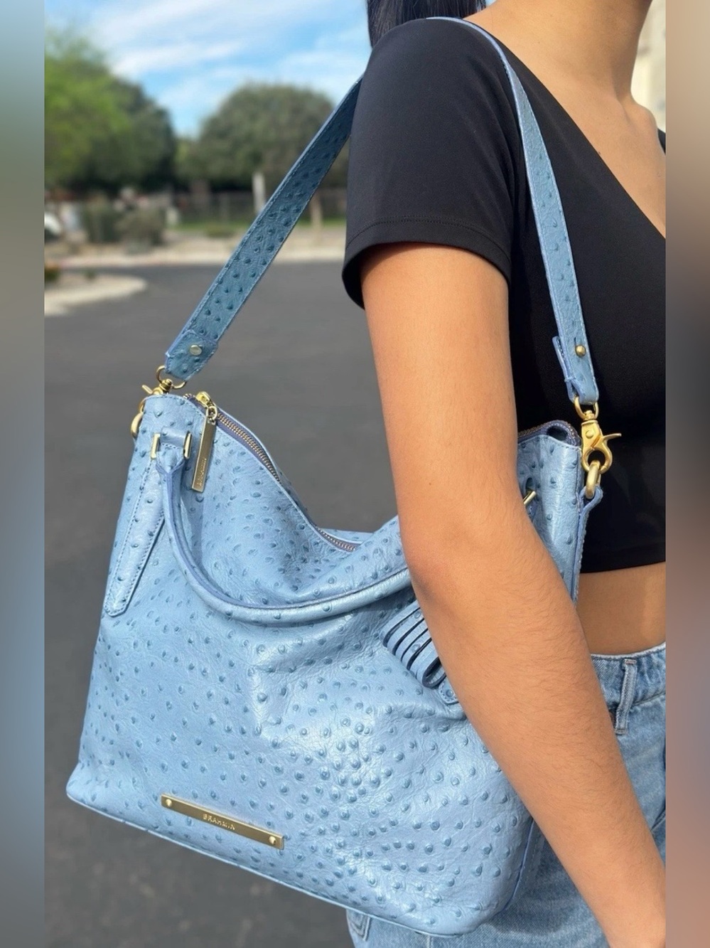 Brahmin Normandy Norah Blue Pastel
Ostrich Hobo Embossed Leather Purse Bag  EUC